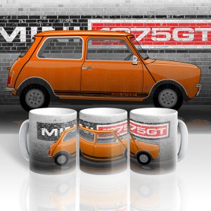 A printed mug with an image of a mini 1275GT