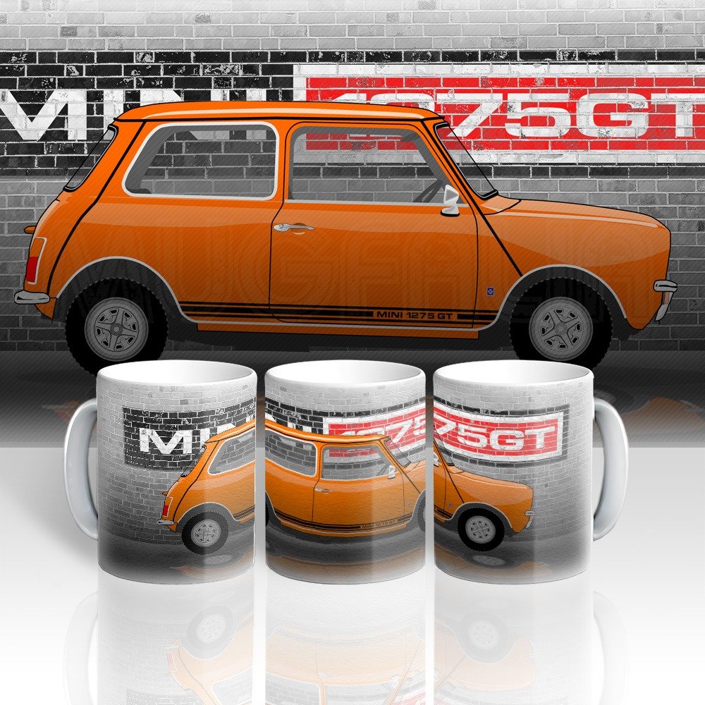 A printed mug with an image of a mini 1275GT